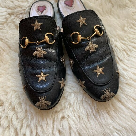 GUCCI Princetown Bee Star Embroidered Gold Mules Rare Designer Blogger Favorite - Picture 5 of 12
